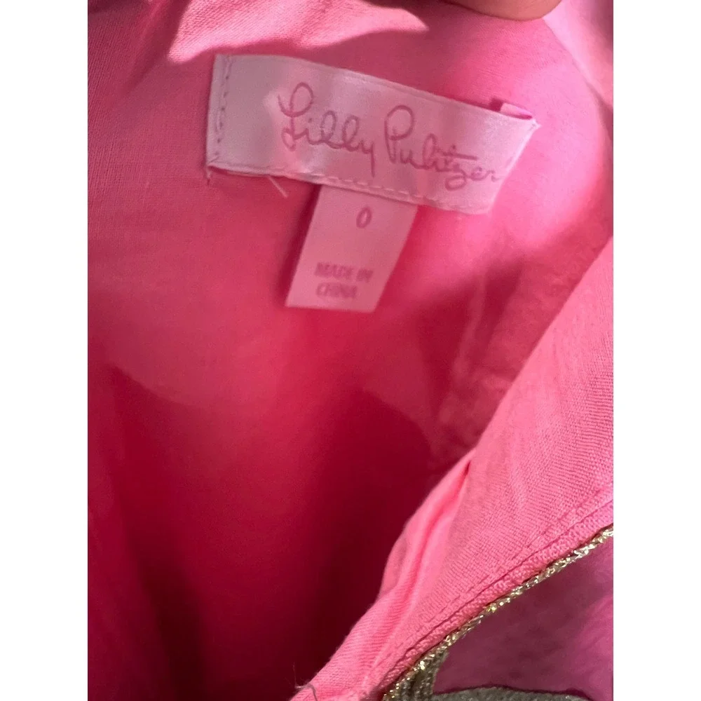Lilly Pulitzer Pink Pique Shift Dress Gold Soutache Metallic Trim Womens Size 0 - Picture 4 of 4